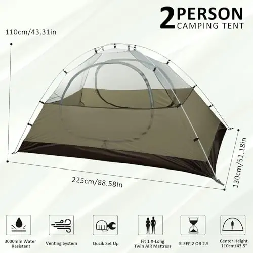 Bessport Camping Tent 1/2 Person Tent Waterproof Two Doors Backpacking Tent Easy Setup Lightweight for Outdoor, Hiking Mountaineering Travel - 2