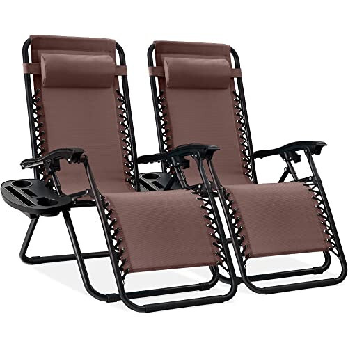 Best Choice Products 2 dona Adjustable Steel Mesh Zero Gravity Lounge Chair Recliners w/Pillows and Cup Holder Trays, Brown - 1