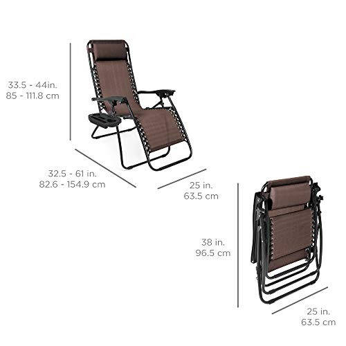 Best Choice Products 2 dona Adjustable Steel Mesh Zero Gravity Lounge Chair Recliners w/Pillows and Cup Holder Trays, Brown - 3