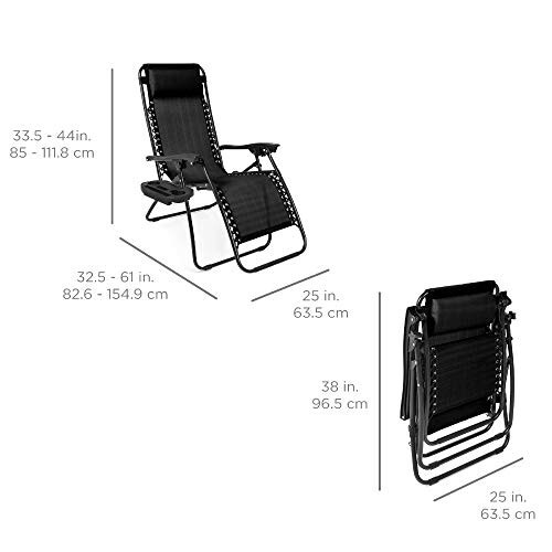 Best Choice Products 2 ta to'plam sozlanadigan po'lat panjara nolli tortishishli dam olish kreslolar to'plami yostiqlar va stakan tutuvchi tovoqlar bilan, qora - 2