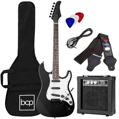 Best Choice Products 39 dyuymli to'liq hajmli yangi boshlanuvchilar uchun elektr gitara to'plami, sumkasi, kamar, 10 vattlik kuchaytirgich, torlar, tortish, tremolo tayoqchasi - Jet Black - 1