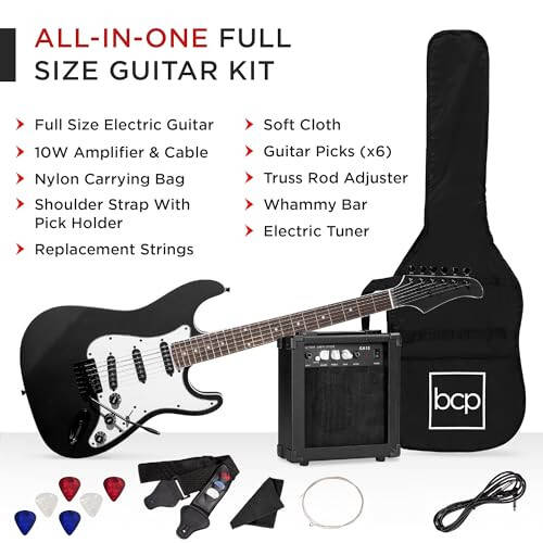 Best Choice Products 39in Full Size Beginner Electric Guitar Starter Kit w/Case, Strap, 10W Amp, Strings, Pick, Tremolo Bar - Jet Black - 2