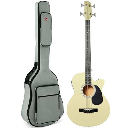 Best Choice Products Acoustic Electric Bass Guitar, Full Size 4 String, Fretted Bass Guitar w/Padded Gig Bag - Cream White - 1