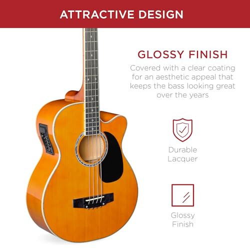 Best Choice Products Akustik Elektrik Bas Gitar, Tam Boy 4 Tellerli, Perdeli Bas Gitar - Eskitilmiş Doğal - 4