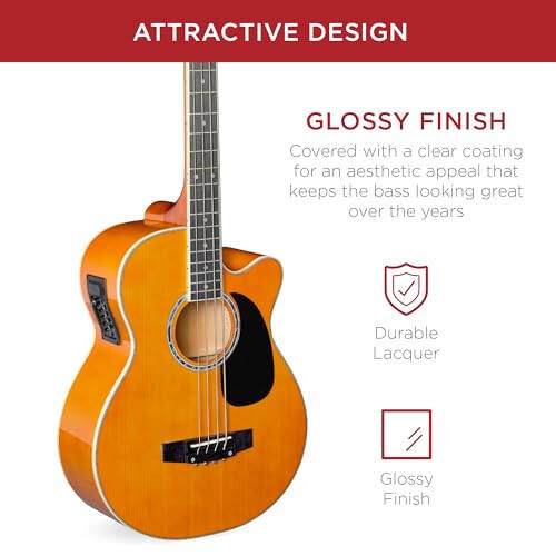 Best Choice Products Akustik Elektrik Bas Gitar, Tam Boy 4 Tellerli, Perdeli Bas Gitar - Eskitilmiş Doğal - 4