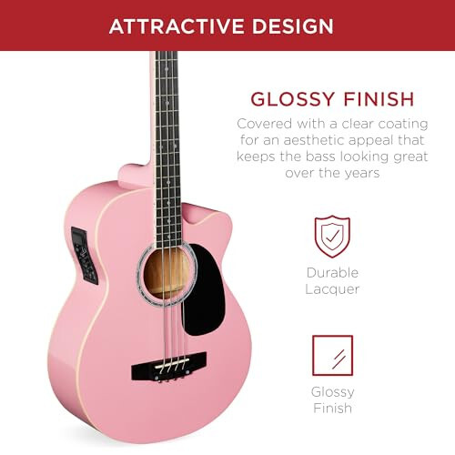 Best Choice Products Akustik Elektro Bas Gitar, Tam Boyutlu 4 Telli, Perdeli Bas Gitar, Dolgulu Gig Çantası - Pembe - 4