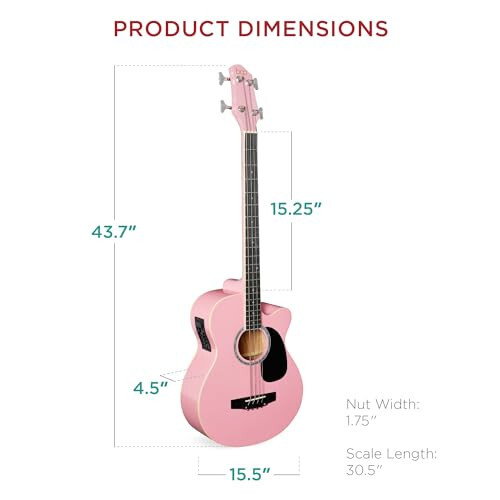 Best Choice Products Akustik Elektro Bas Gitar, Tam Boyutlu 4 Telli, Perdeli Bas Gitar, Dolgulu Gig Çantası - Pembe - 7