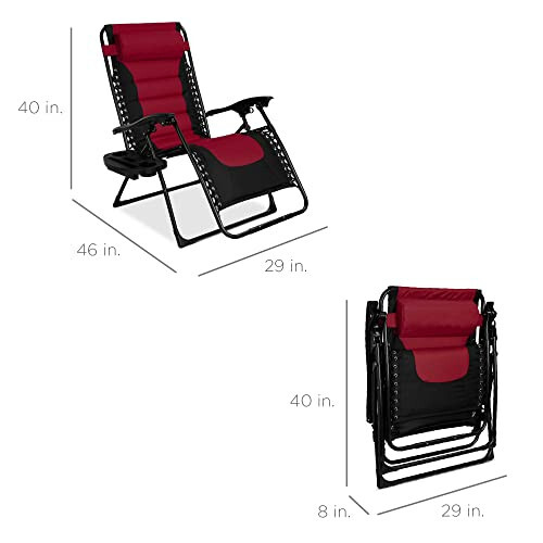 Best Choice Products Aşırı Boyutlu Yastıklı Sıfır Yerçekimli Koltuk, Katlanabilir Açık Bahçe Koltuğu, XL Anti Yerçekimi Şezlong Bahçe İçin Başlık, Bardak Tutucu, Yan Tepsi, Polyester Ağ - Siyah/Bordo - 4