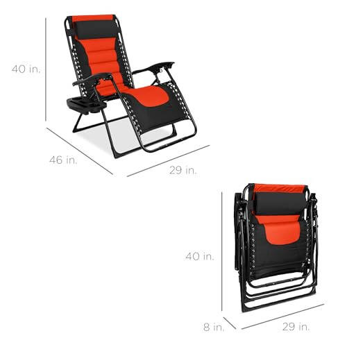 Best Choice Products Большое кресло-шезлонг с нулевой гравитацией, складной шезлонг для патио на открытом воздухе, XL антигравитационный шезлонг для двора с подголовником, подстаканником, боковой полкой, полиэфирной сеткой - черный / оранжевый - 2