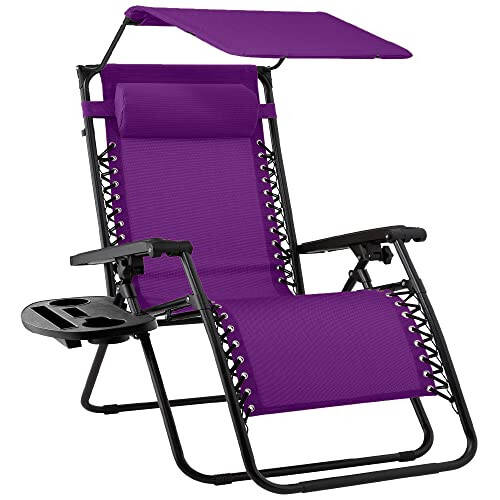 Best Choice Products Folding Zero Gravity Outdoor Recliner Patio Lounge Chair w/Adjustable Canopy Shade, Headrest, Side Accessory Tray, Textilene Mesh - Amethyst Purple - 1