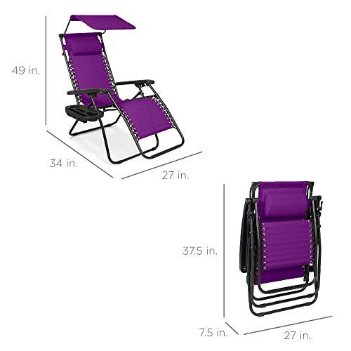 Best Choice Products Folding Zero Gravity Outdoor Recliner Patio Lounge Chair w/Adjustable Canopy Shade, Headrest, Side Accessory Tray, Textilene Mesh - Amethyst Purple - 2