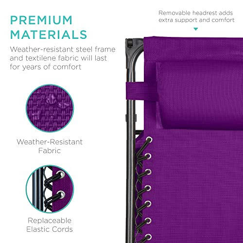 Best Choice Products Folding Zero Gravity Outdoor Recliner Patio Lounge Chair w/Adjustable Canopy Shade, Headrest, Side Accessory Tray, Textilene Mesh - Amethyst Purple - 5