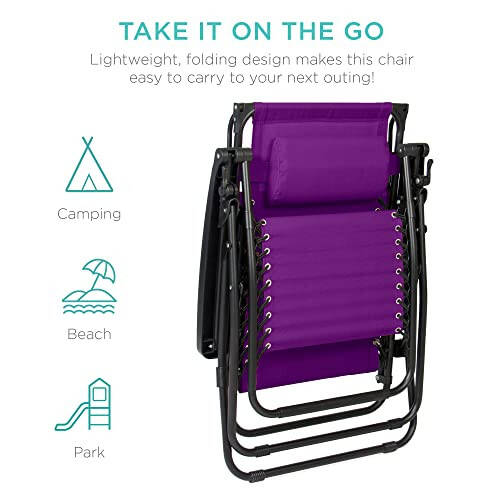 Best Choice Products Folding Zero Gravity Outdoor Recliner Patio Lounge Chair w/Adjustable Canopy Shade, Headrest, Side Accessory Tray, Textilene Mesh - Amethyst Purple - 6