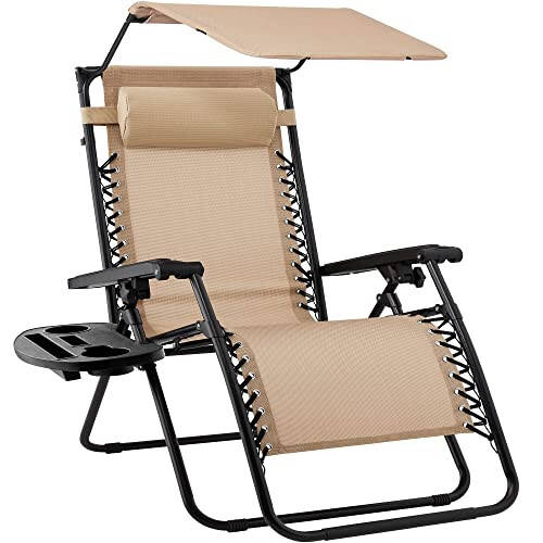 Best Choice Products Folding Zero Gravity Outdoor Recliner Patio Lounge Chair w/Adjustable Canopy Shade, Headrest, Side Accessory Tray, Textilene Mesh - Beige - 1