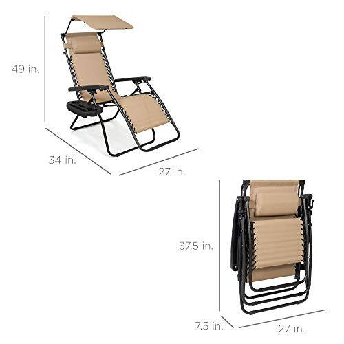 Best Choice Products Folding Zero Gravity Outdoor Recliner Patio Lounge Chair w/Adjustable Canopy Shade, Headrest, Side Accessory Tray, Textilene Mesh - Beige - 3