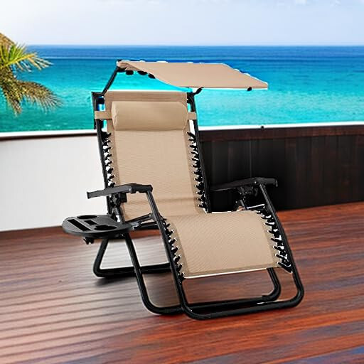 Best Choice Products Folding Zero Gravity Outdoor Recliner Patio Lounge Chair w/Adjustable Canopy Shade, Headrest, Side Accessory Tray, Textilene Mesh - Beige - 2