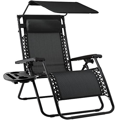 Best Choice Products Folding Zero Gravity Outdoor Recliner Patio Lounge Chair w/Adjustable Canopy Shade, Headrest, Side Accessory Tray, Textilene Mesh - Black - 1