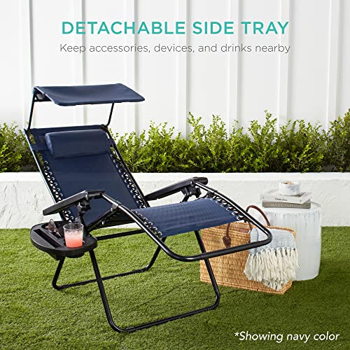 Best Choice Products Folding Zero Gravity Outdoor Recliner Patio Lounge Chair w/Adjustable Canopy Shade, Headrest, Side Accessory Tray, Textilene Mesh - Black - 6