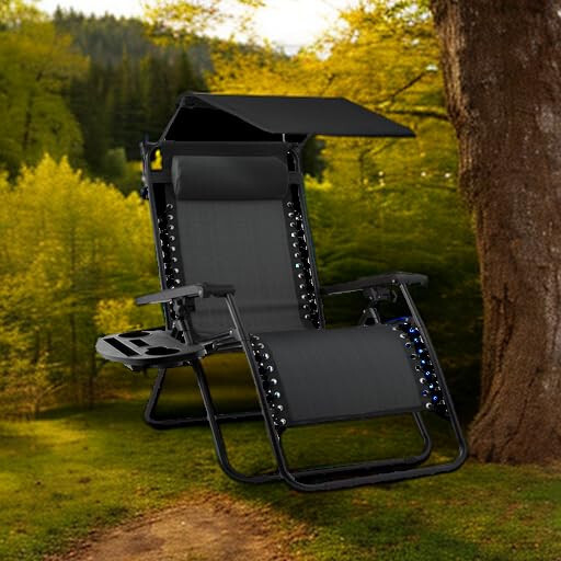 Best Choice Products Folding Zero Gravity Outdoor Recliner Patio Lounge Chair w/Adjustable Canopy Shade, Headrest, Side Accessory Tray, Textilene Mesh - Black - 2