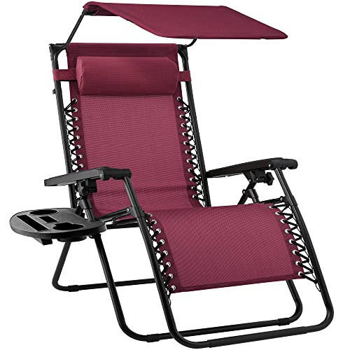 Best Choice Products Folding Zero Gravity Outdoor Recliner Patio Lounge Chair w/Adjustable Canopy Shade, Headrest, Side Accessory Tray, Textilene Mesh - Burgundy - 1