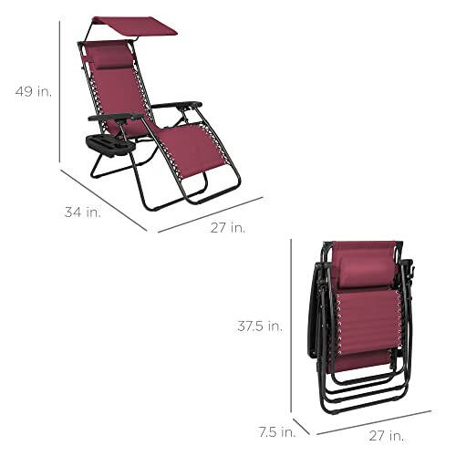 Best Choice Products Folding Zero Gravity Outdoor Recliner Patio Lounge Chair w/Adjustable Canopy Shade, Headrest, Side Accessory Tray, Textilene Mesh - Burgundy - 2