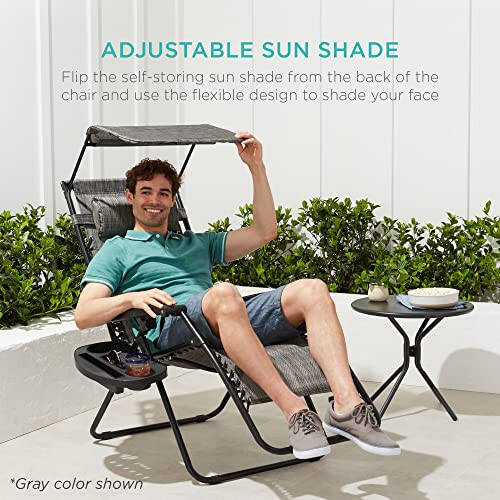 Best Choice Products Folding Zero Gravity Outdoor Recliner Patio Lounge Chair w/Adjustable Canopy Shade, Headrest, Side Accessory Tray, Textilene Mesh - Burgundy - 4