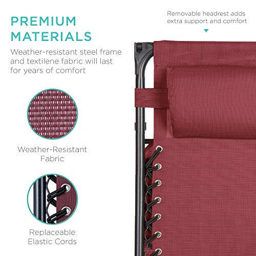 Best Choice Products Folding Zero Gravity Outdoor Recliner Patio Lounge Chair w/Adjustable Canopy Shade, Headrest, Side Accessory Tray, Textilene Mesh - Burgundy - 6