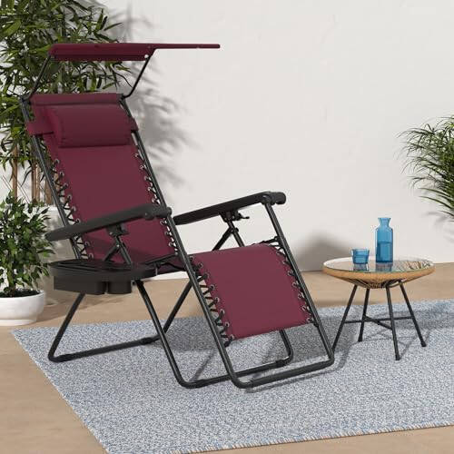 Best Choice Products Folding Zero Gravity Outdoor Recliner Patio Lounge Chair w/Adjustable Canopy Shade, Headrest, Side Accessory Tray, Textilene Mesh - Burgundy - 5