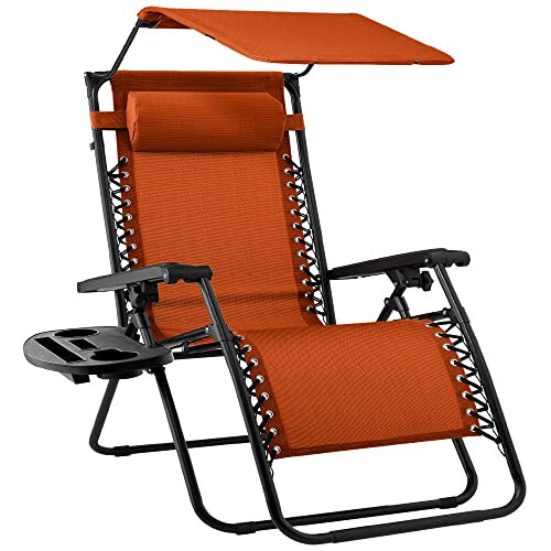 Best Choice Products Folding Zero Gravity Outdoor Recliner Patio Lounge Chair w/Adjustable Canopy Shade, Headrest, Side Accessory Tray, Textilene Mesh - Burnt Orange - 1