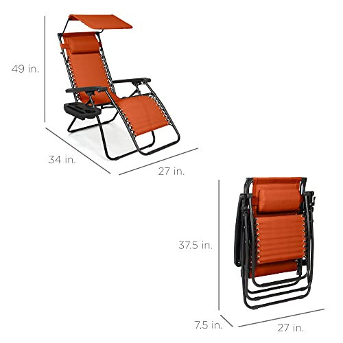 Best Choice Products Folding Zero Gravity Outdoor Recliner Patio Lounge Chair w/Adjustable Canopy Shade, Headrest, Side Accessory Tray, Textilene Mesh - Burnt Orange - 2