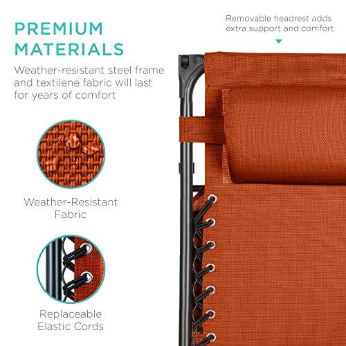 Best Choice Products Folding Zero Gravity Outdoor Recliner Patio Lounge Chair w/Adjustable Canopy Shade, Headrest, Side Accessory Tray, Textilene Mesh - Burnt Orange - 5