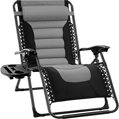 Best Choice Products Katta-katta To'ldirilgan Nol Gravitatsiyali Stul, Katlanadigan Tashqi Hovli Recliner, Orqa Hovli Uchun XL Anti Gravitatsiya Lounger, Boshtiq, Stakan Tutqich, Yon Tovoq, Polyester To'r - Qora/Kulrang - 1