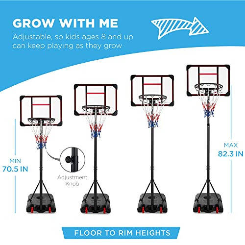 Best Choice Products Kids Height-Adjustable Basketball Hoop System, Portable Game w/ 2 Wheels, Square Backboard, Fillable Base, Weather-Resistant, Nylon Net, Adjusts from 70.5in to 82.3in - 8