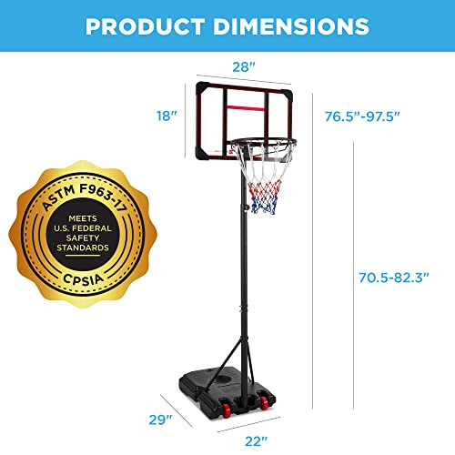 Best Choice Products Kids Height-Adjustable Basketball Hoop System, Portable Game w/ 2 Wheels, Square Backboard, Fillable Base, Weather-Resistant, Nylon Net, Adjusts from 70.5in to 82.3in - 14