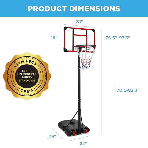 Best Choice Products Kids Height-Adjustable Basketball Hoop System, Portable Game w/ 2 Wheels, Square Backboard, Fillable Base, Weather-Resistant, Nylon Net, Adjusts from 70.5in to 82.3in - 7