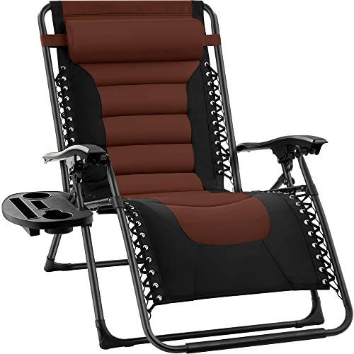 Best Choice Products Oversized Padded Zero Gravity Chair, Folding Outdoor Patio Recliner, XL Anti Gravity Lounger for Backyard w/Headrest, Cup Holder, Side Tray, Polyester Mesh - Black/Brown - 1