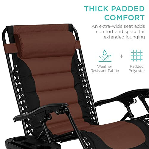 Best Choice Products Oversized Padded Zero Gravity Chair, Folding Outdoor Patio Recliner, XL Anti Gravity Lounger for Backyard w/Headrest, Cup Holder, Side Tray, Polyester Mesh - Black/Brown - 3