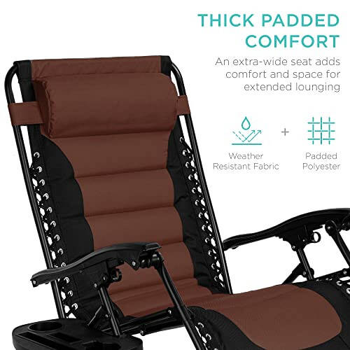 Best Choice Products Oversized Padded Zero Gravity Chair, Folding Outdoor Patio Recliner, XL Anti Gravity Lounger for Backyard w/Headrest, Cup Holder, Side Tray, Polyester Mesh - Black/Brown - 3