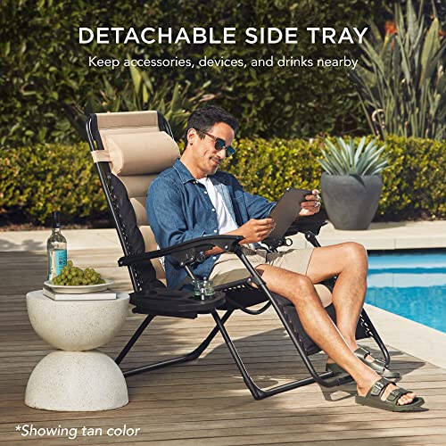 Best Choice Products Oversized Padded Zero Gravity Chair, Folding Outdoor Patio Recliner, XL Anti Gravity Lounger for Backyard w/Headrest, Cup Holder, Side Tray, Polyester Mesh - Black/Brown - 5