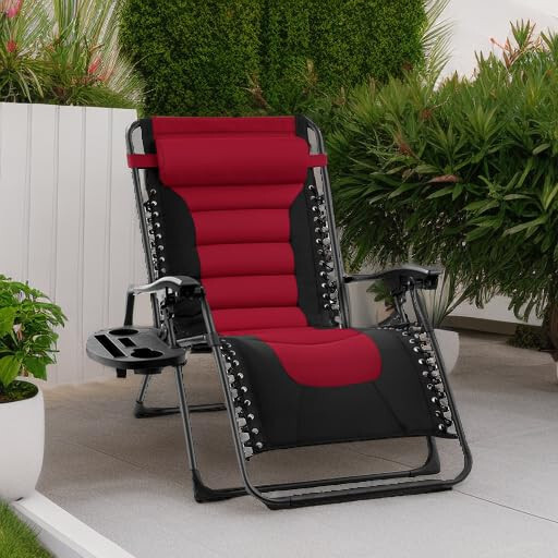 Best Choice Products Oversized Padded Zero Gravity Chair, Folding Outdoor Patio Recliner, XL Anti Gravity Lounger for Backyard w/Headrest, Cup Holder, Side Tray, Polyester Mesh - Black/Burgundy - 2