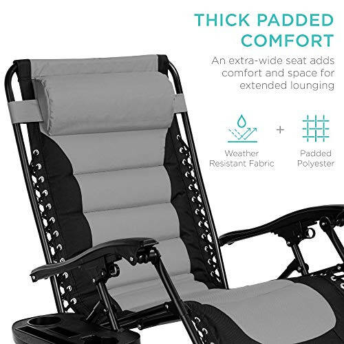 Best Choice Products Oversized Padded Zero Gravity Chair, Folding Outdoor Patio Recliner, XL Anti Gravity Lounger for Backyard w/Headrest, Cup Holder, Side Tray, Polyester Mesh - Black/Gray - 4