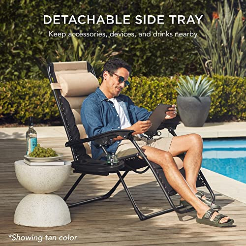 Best Choice Products Oversized Padded Zero Gravity Chair, Folding Outdoor Patio Recliner, XL Anti Gravity Lounger for Backyard w/Headrest, Cup Holder, Side Tray, Polyester Mesh - Black/Gray - 6