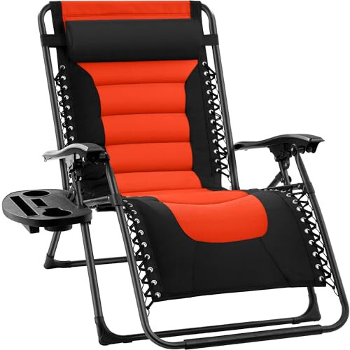 Best Choice Products Oversized Padded Zero Gravity Chair, Folding Outdoor Patio Recliner, XL Anti Gravity Lounger for Backyard w/Headrest, Cup Holder, Side Tray, Polyester Mesh - Black/Orange - 1