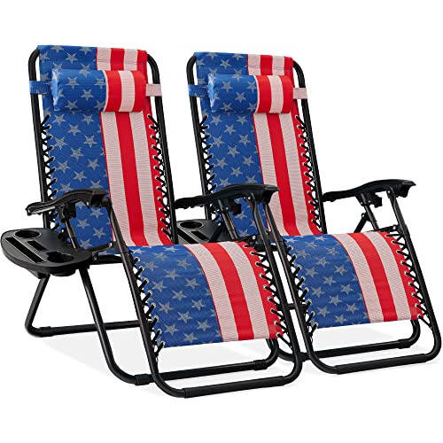 Best Choice Products Set of 2 Adjustable Steel Mesh Zero Gravity Lounge Chair Recliners w/Pillows and Cup Holder Trays - American Flag - 1