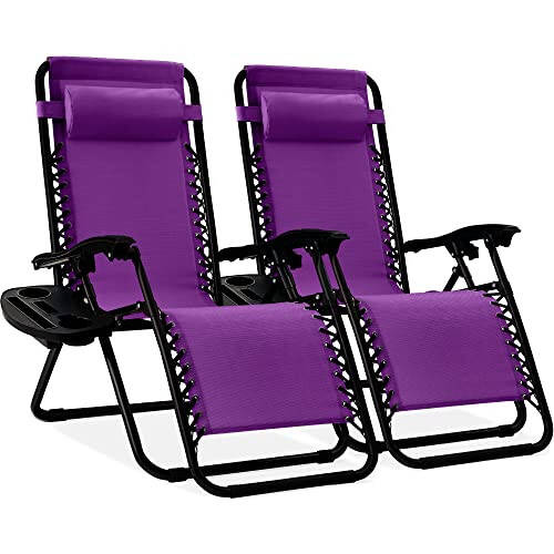 Best Choice Products Set of 2 Adjustable Steel Mesh Zero Gravity Lounge Chair Recliners w/Pillows and Cup Holder Trays - Amethyst Purple - 1