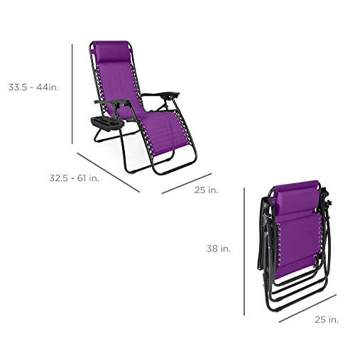 Best Choice Products Set of 2 Adjustable Steel Mesh Zero Gravity Lounge Chair Recliners w/Pillows and Cup Holder Trays - Amethyst Purple - 2