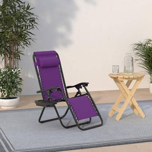 Best Choice Products Set of 2 Adjustable Steel Mesh Zero Gravity Lounge Chair Recliners w/Pillows and Cup Holder Trays - Amethyst Purple - 6