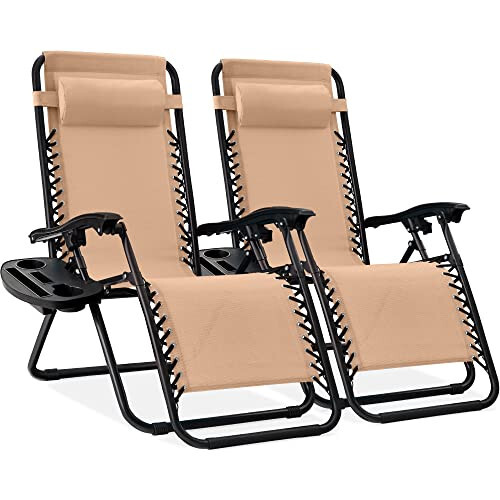 Best Choice Products Set of 2 Adjustable Steel Mesh Zero Gravity Lounge Chair Recliners w/Pillows and Cup Holder Trays, Beige - 1