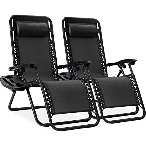 Best Choice Products Set of 2 Adjustable Steel Mesh Zero Gravity Lounge Chair Recliners w/Pillows and Cup Holder Trays, Black - 1