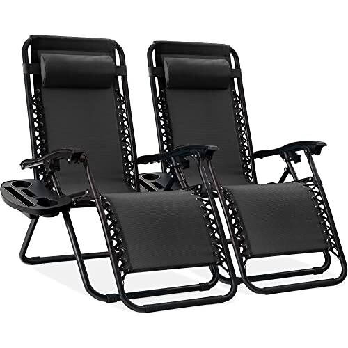 Best Choice Products Set of 2 Adjustable Steel Mesh Zero Gravity Lounge Chair Recliners w/Pillows and Cup Holder Trays, Black - 1